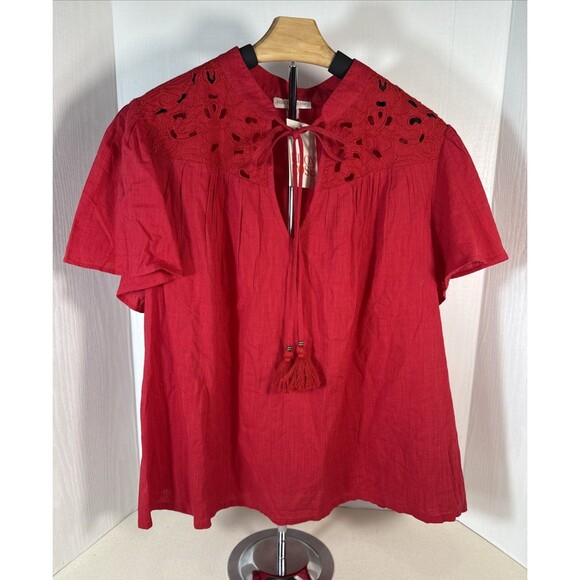 Knox Rose Red Eyelet Boho Tassel Blouse Size Large Flutter Short Sleeve - Picture 1 of 11